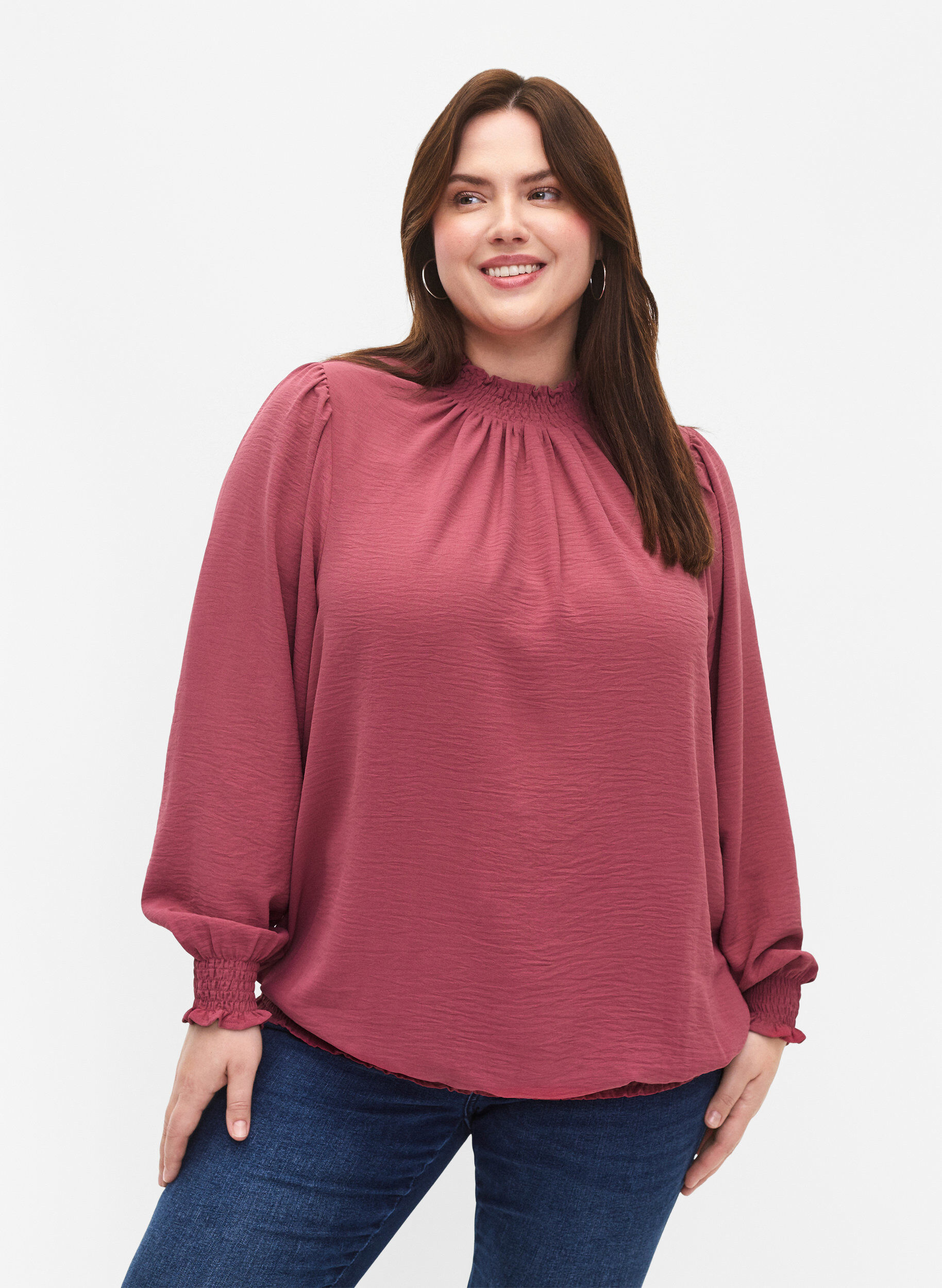 Zizzi Einfarbige gesmokte Bluse mit langen &Auml;rmeln, Dry Rose, Model image number 0