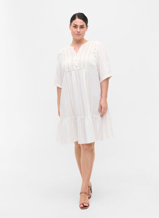 Gestreiftes Viskose Kleid mit Spitzenbändern, Bright White, Model image number 2