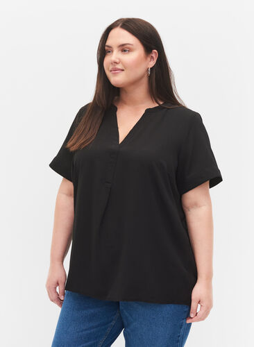 Kurzärmelige Bluse mit V-Ausschnitt, Black, Model image number 0