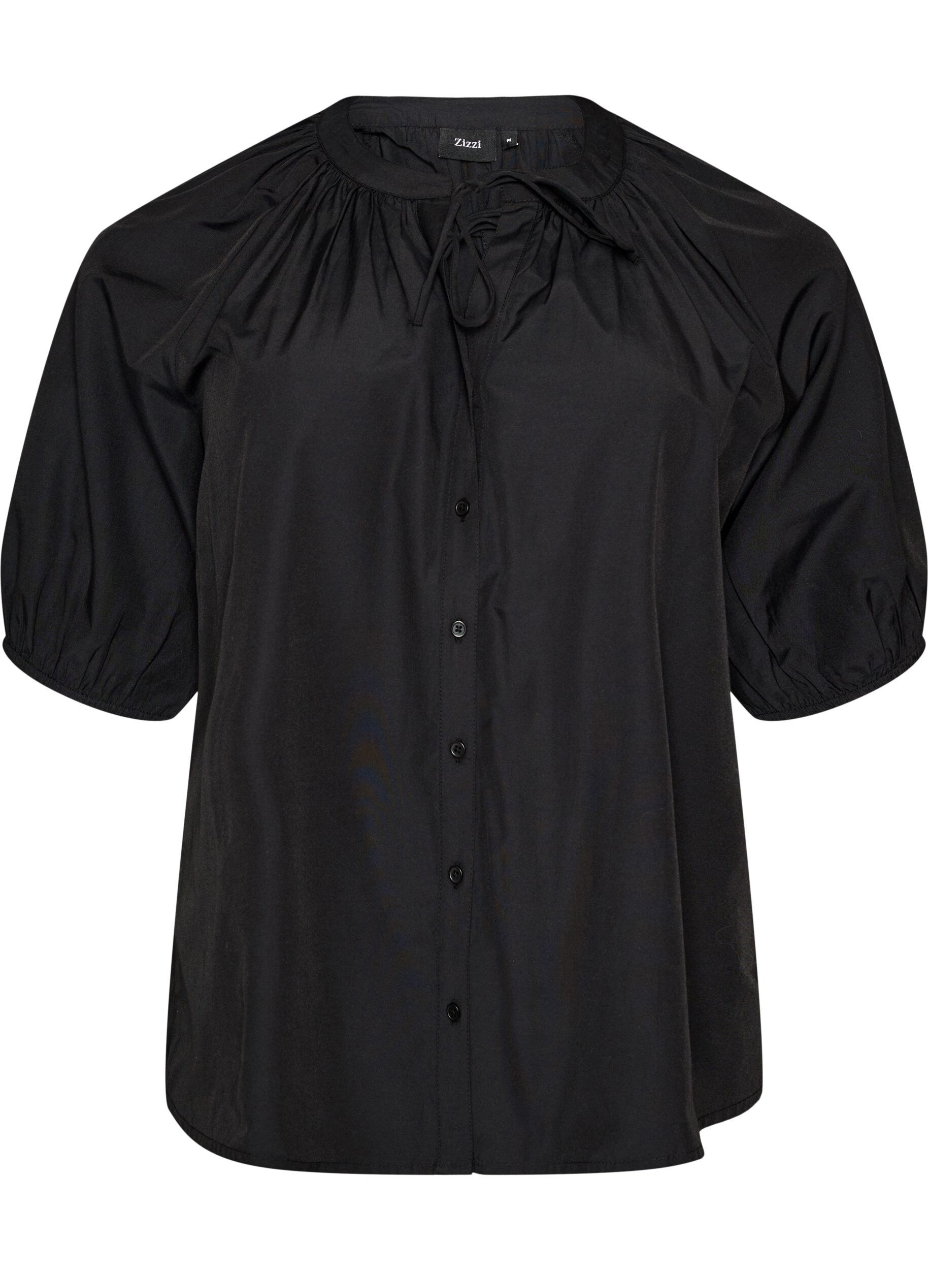 ZizziHemdbluse mit Knopfleiste und Bindeg&uuml;rtel, Schwarz, Packshot image number 0
