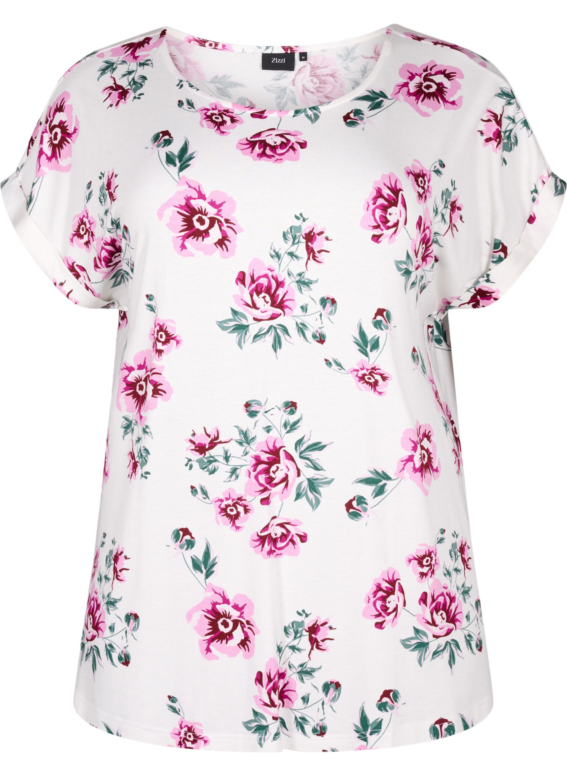 Zizzi Gebl&uuml;mte Bluse aus Viskose mit kurzen &Auml;rmeln, White Pink AOP, Packshot image number 0