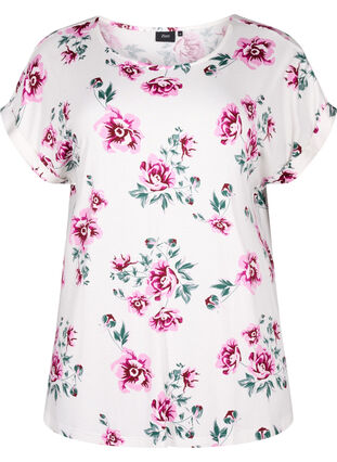 Geblümte Bluse aus Viskose mit kurzen Ärmeln, White Pink AOP, Packshot image number 0