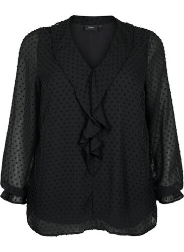 Bluse mit Rüschen und gepunkteter Textur, Black, Packshot image number 0