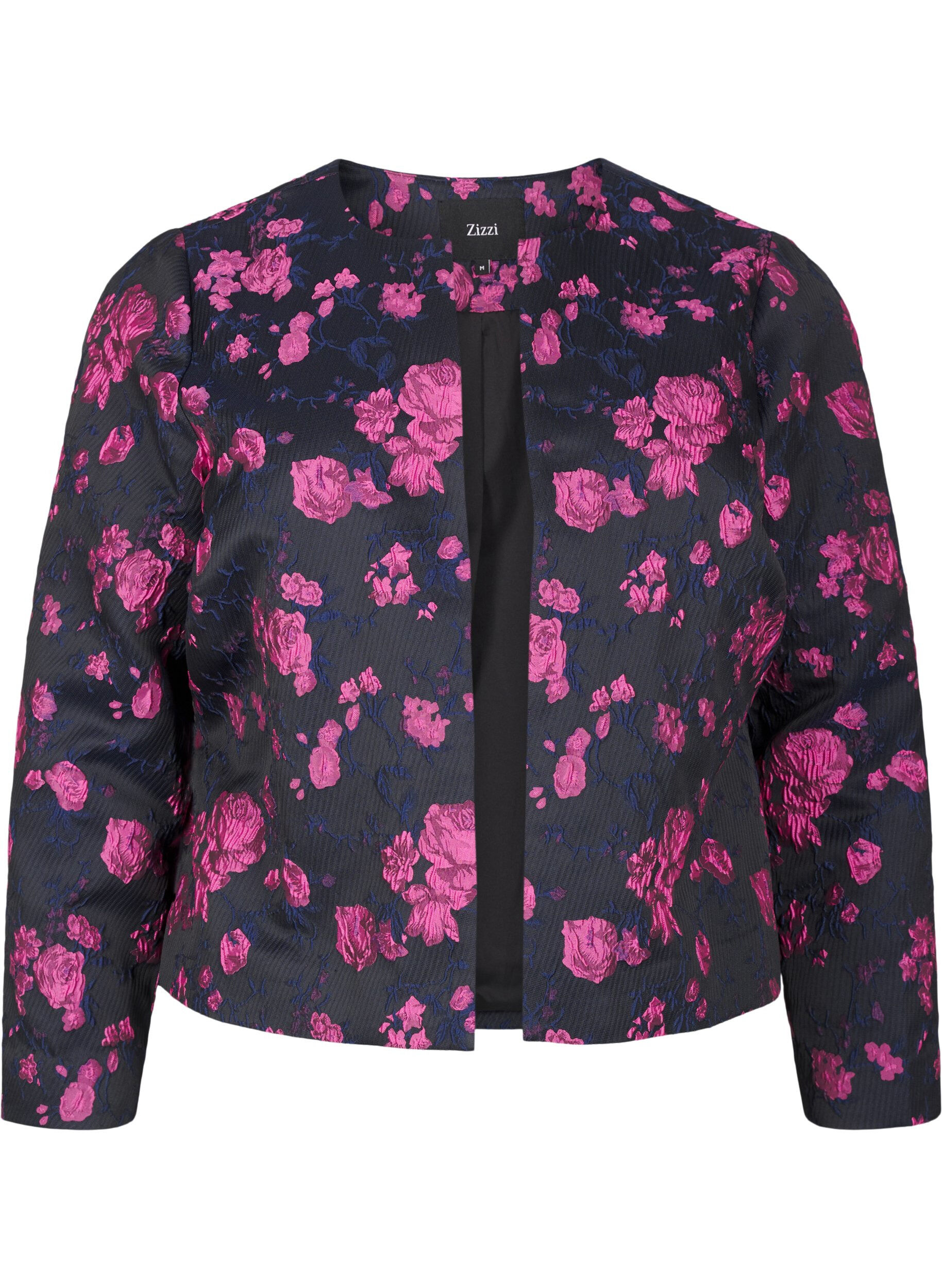 Zizzi Jacquard-Jacke mit Blumenmuster, Black w. Red Rose, Packshot image number 0