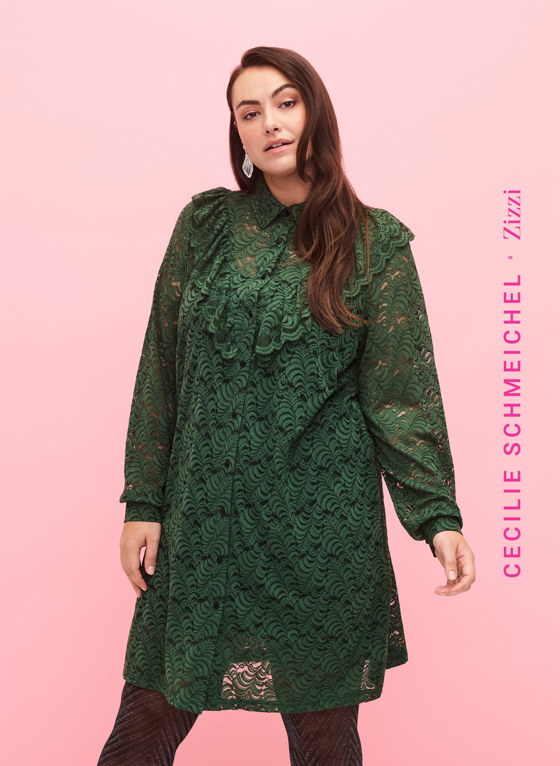 Zizzi Hemdblusenkleid aus Spitze mit R&uuml;schen, Hunter Green, Model image number 0