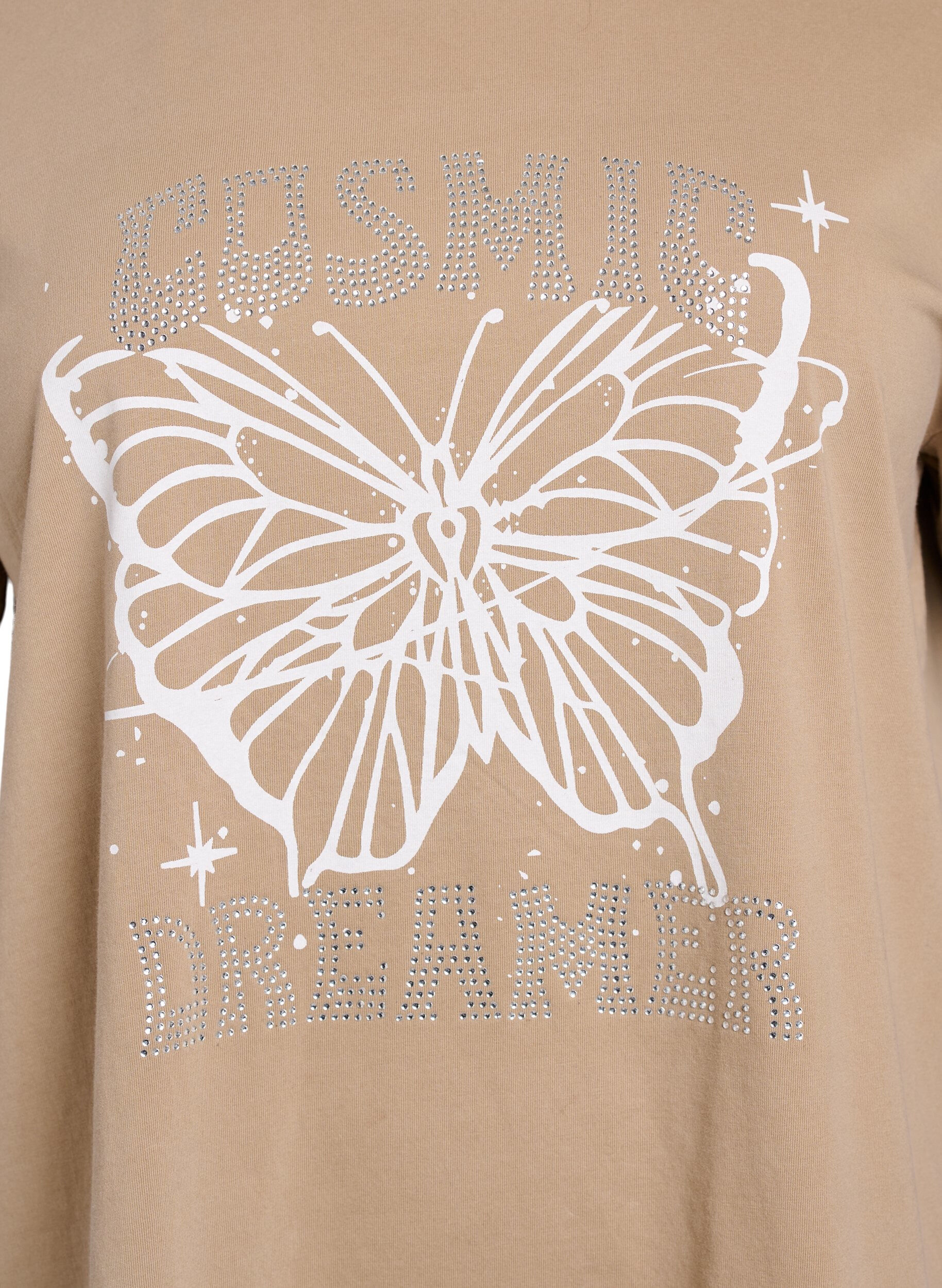 Zizzi T-Shirt aus Bio-Baumwolle mit Strass und Schmetterlingsmotiv, Braun, Packshot image number 2