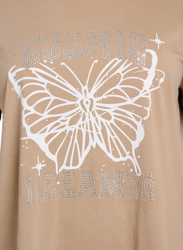 T-Shirt aus Bio-Baumwolle mit Strass und Schmetterlingsmotiv, Braun, Packshot image number 2