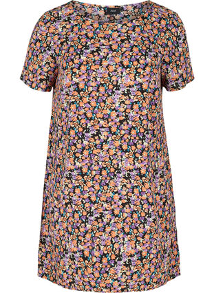 Bedrucktes Kleid mit kurzen Ärmeln, Black Flower AOP, Packshot image number 0