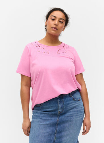 T-Shirt mit Lochstickerei und kurzen Ärmeln, Cyclamen Mel., Model image number 0
