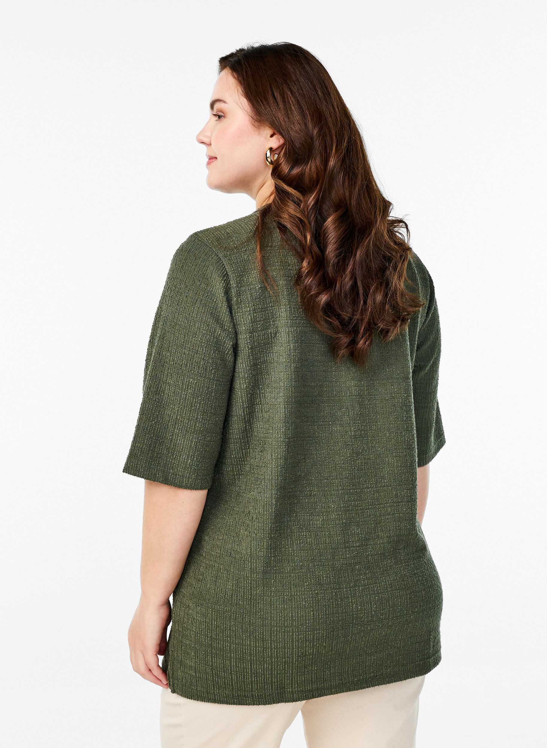Zizzi Bluse mit Struktur und V-Ausschnitt, Thyme, Model image number 1