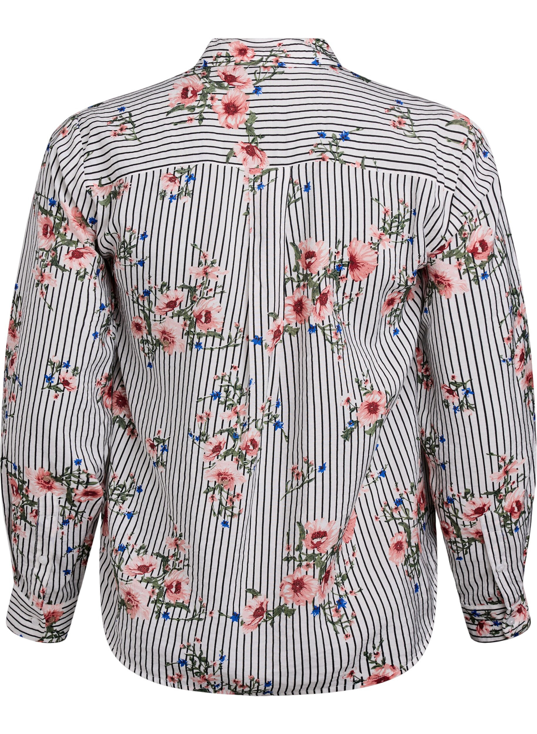 Zizzi Bluse mit gebl&uuml;mtem Print und schmalen Streifen, Schwarz, Packshot image number 1
