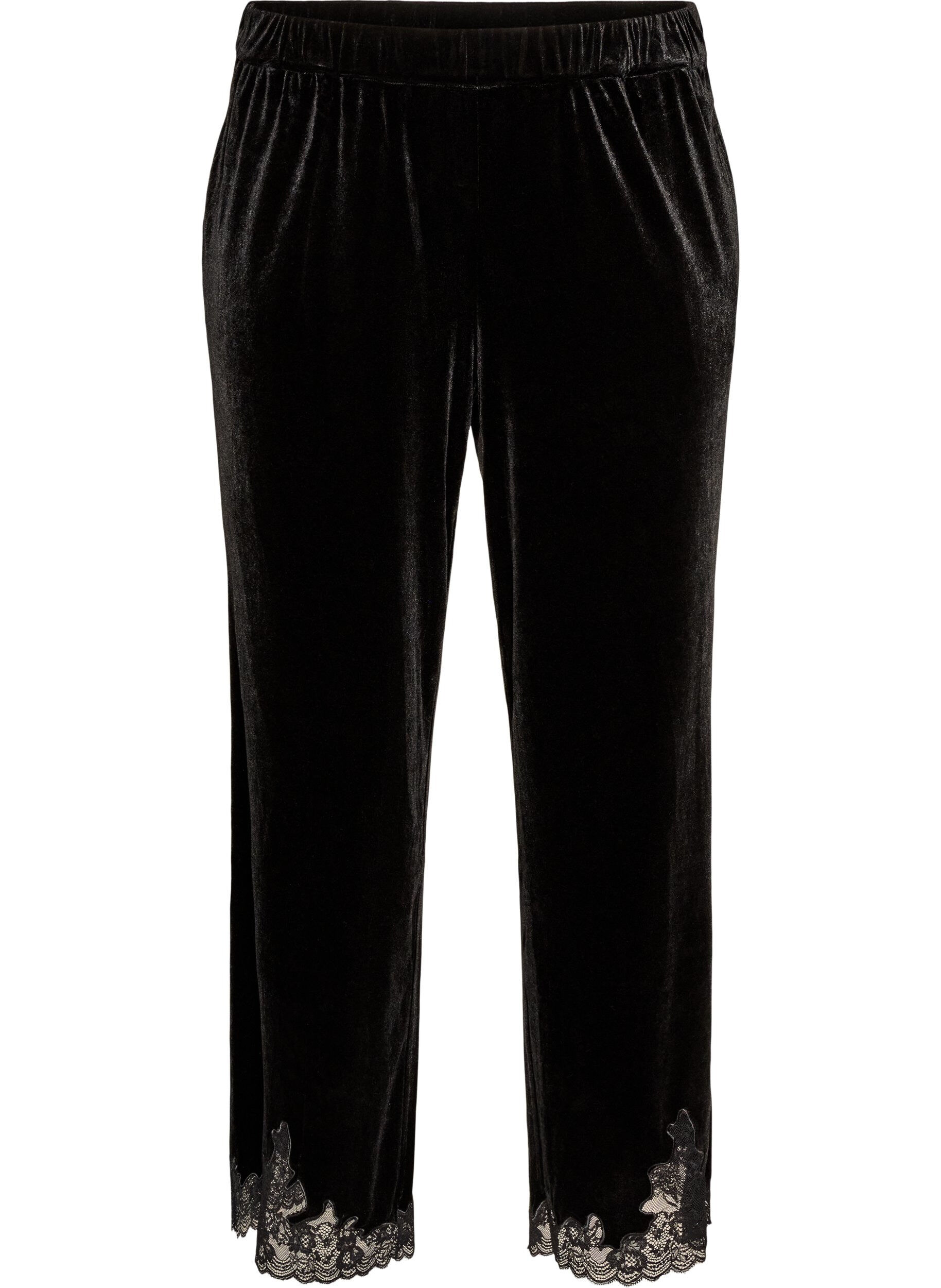 ZizziSamthose mit Spitzenbesatz und weitem Bein, Schwarz, Packshot image number 0