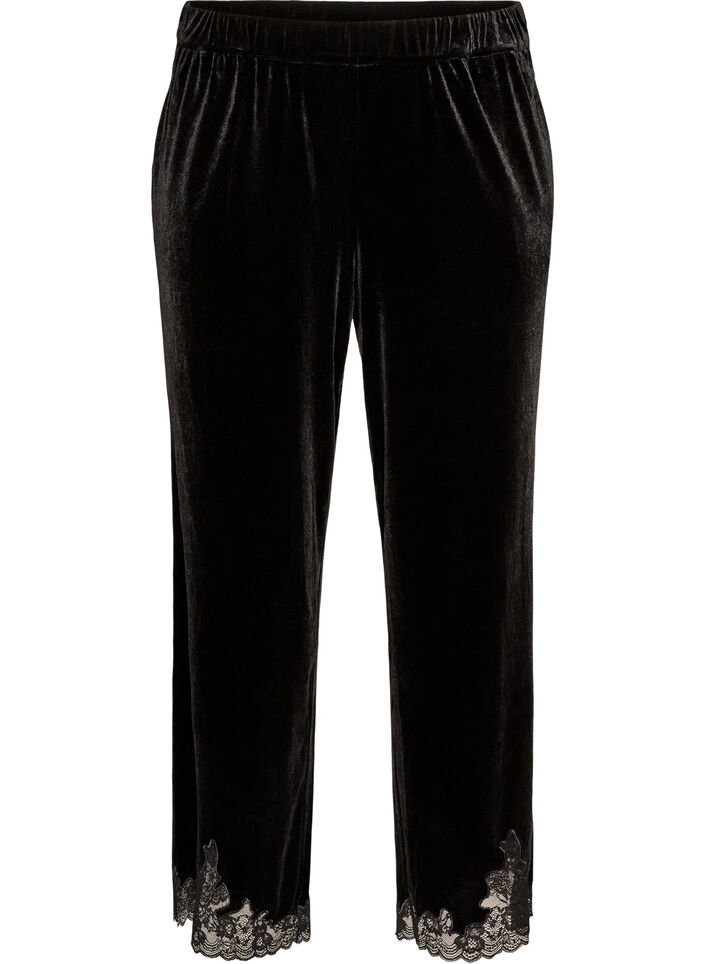 Samthose mit Spitzenbesatz und weitem Bein, Schwarz, Packshot image number 0
