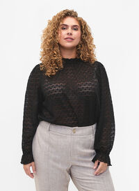 Langärmelige Bluse mit gemusterter Textur, Black, Model