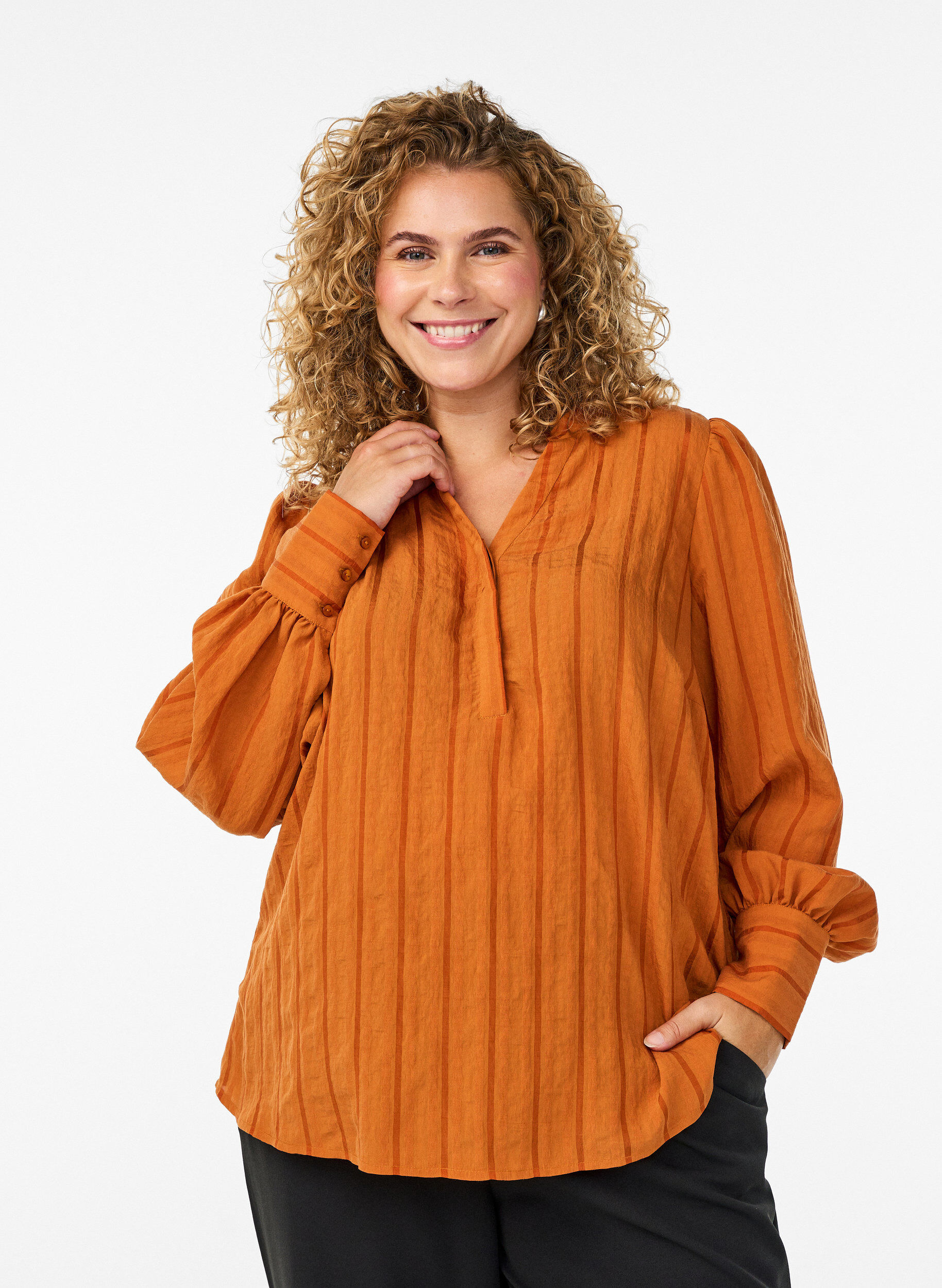 Zizzi Bluse mit L&auml;ngsstreifen, Orange, Model image number 0
