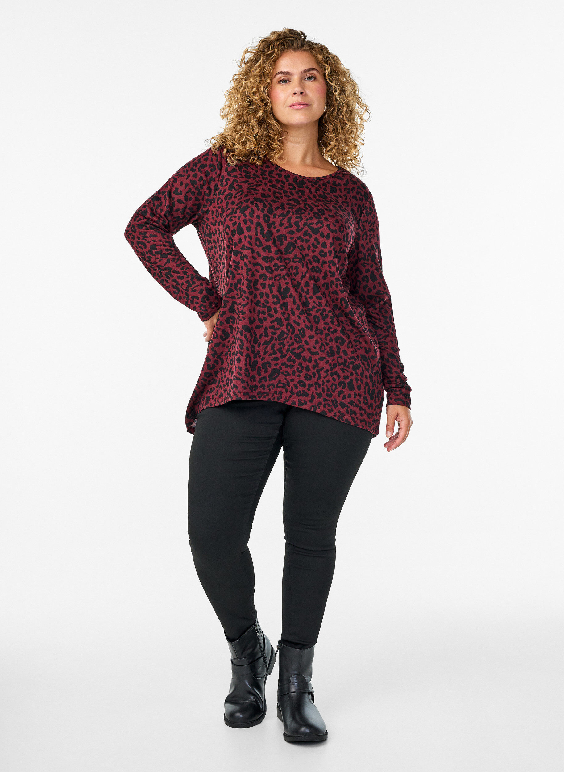 Zizzi Gemusterte Bluse mit langen &Auml;rmeln, Dunkles Bordeaux, Model image number 1