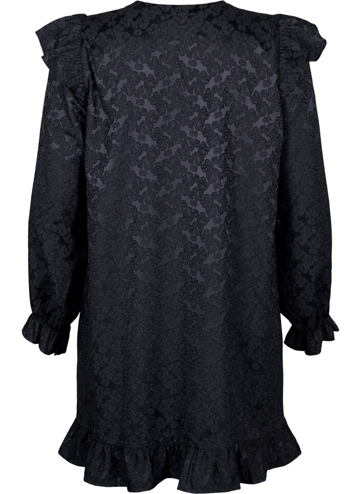 Jacquardkleid mit langen Ärmeln und Rüschen, Schwarz, Packshot image number 1