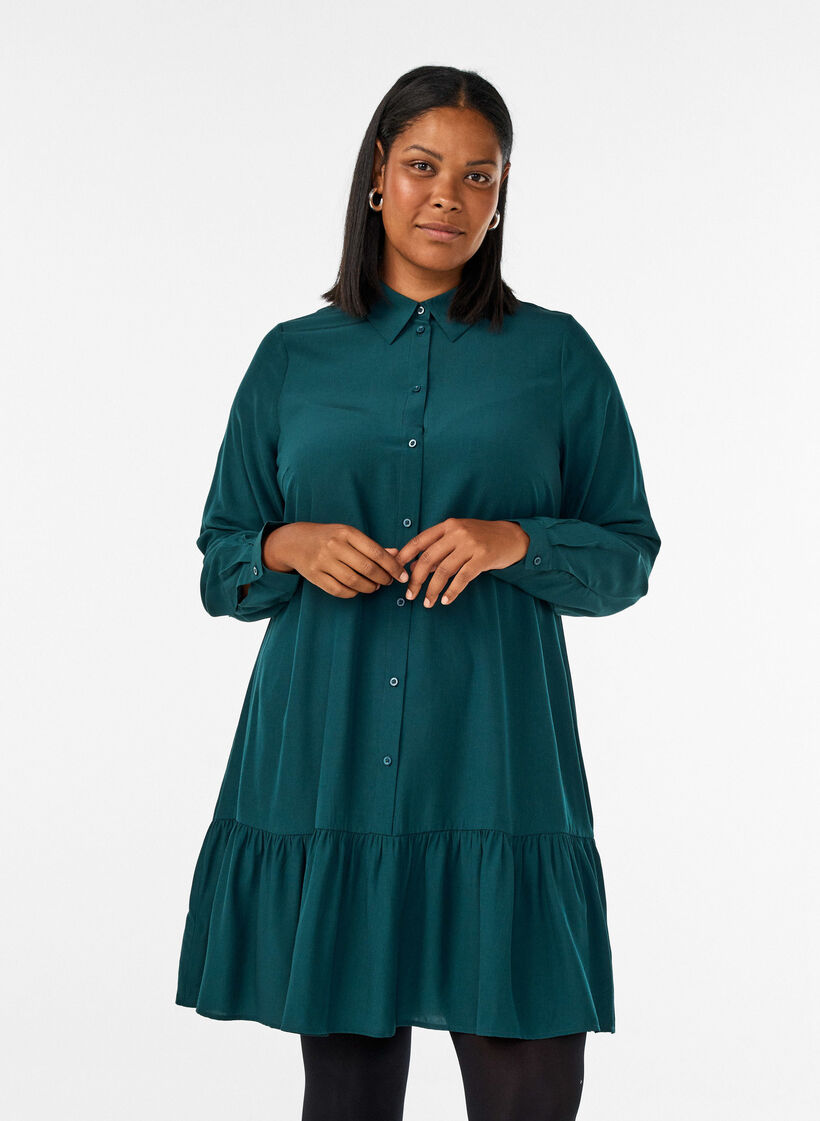 Kurzes Hemdblusenkleid mit R&uuml;schenvolant, Gr&uuml;n, Model image number 0
