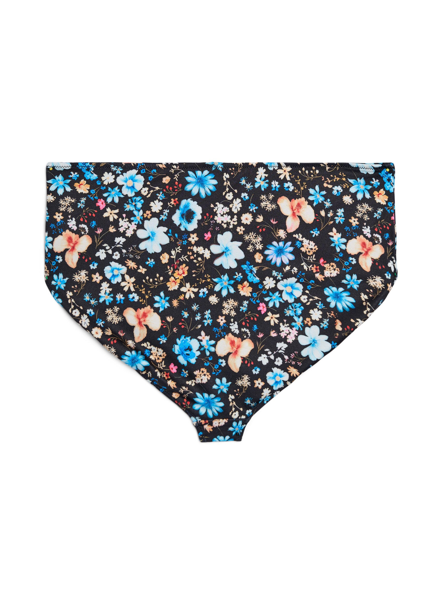 Zizzi Hoch taillierte Bikinihose mit floralem Muster, Blau, Packshot image number 1
