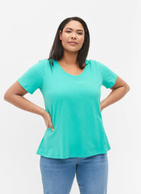 Einfarbiges basic T-Shirt aus Baumwolle, Aqua Green, Model