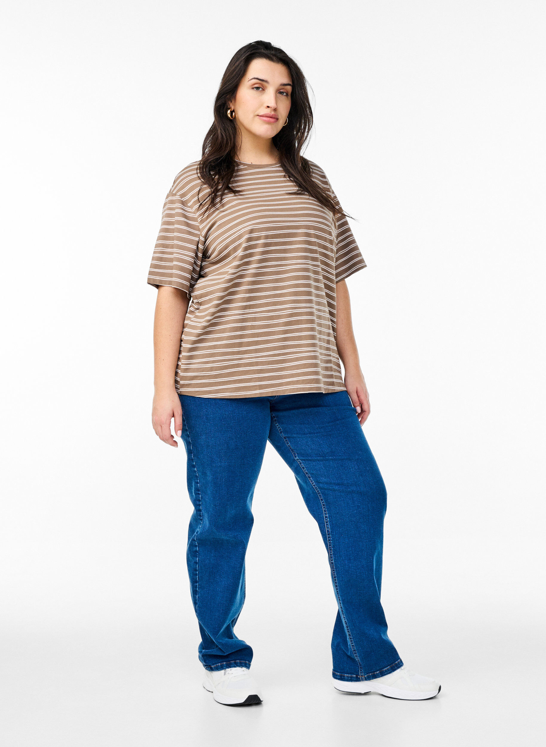 Zizzi Gestreiftes T-Shirt, Braun, Model image number 1