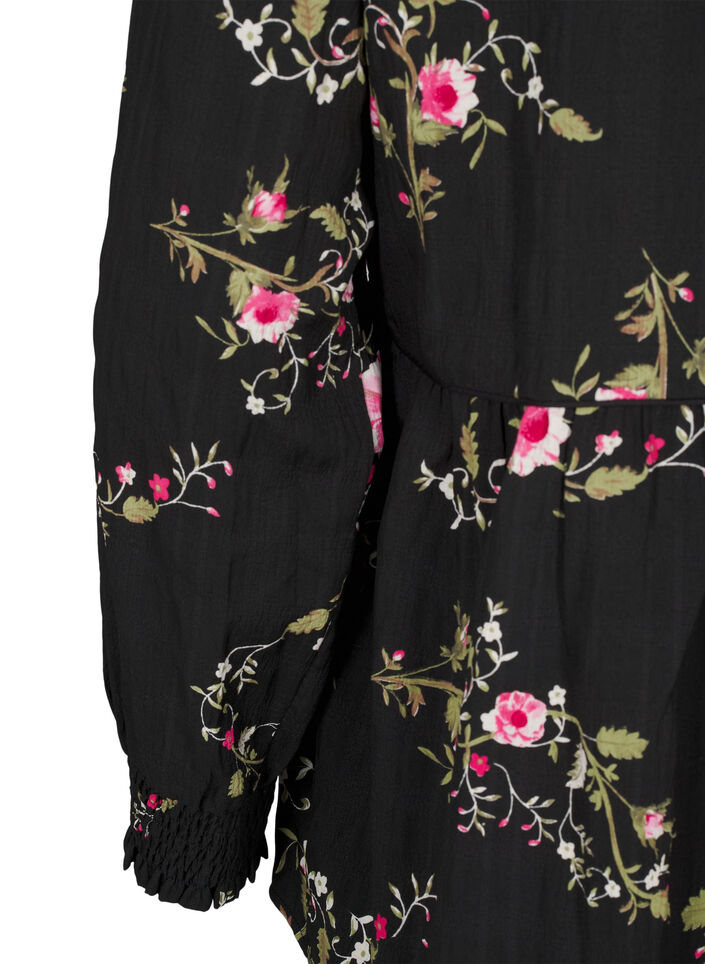Lang&auml;rmelige Bluse mit gebl&uuml;mtem Muster, Schwarz, Packshot image number 3