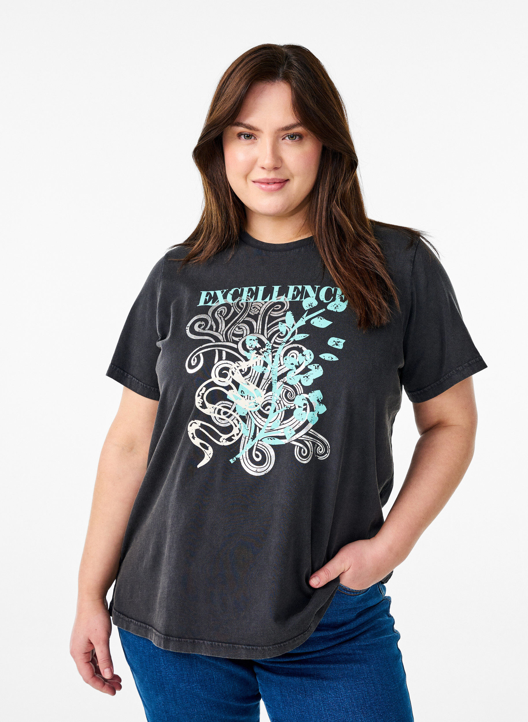 Zizzi T-Shirt aus Bio-Baumwolle mit coolem Print, Grau, Model image number 0