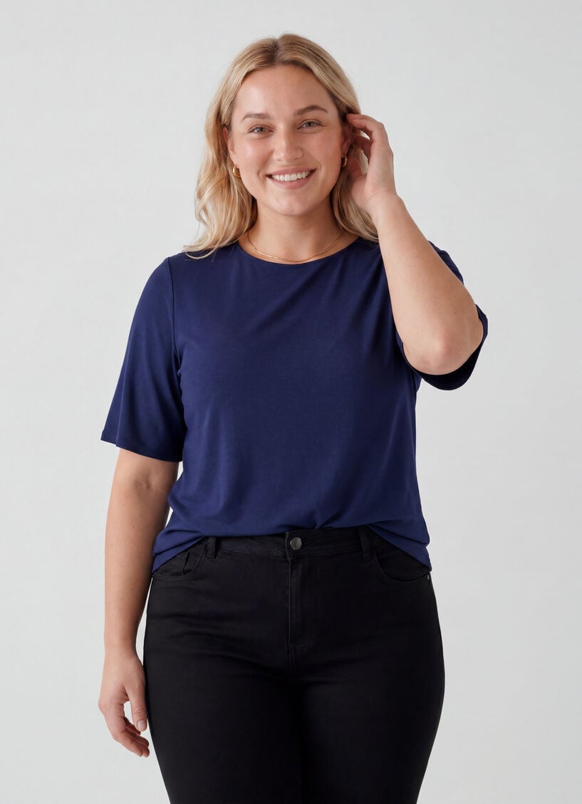 Kurz&auml;rmelige, gewebte Bluse mit Rundhals, Blau, Model image number 0