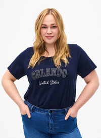 T-Shirt aus Baumwolle mit Textaufdruck, Navy B. Orlando, Model