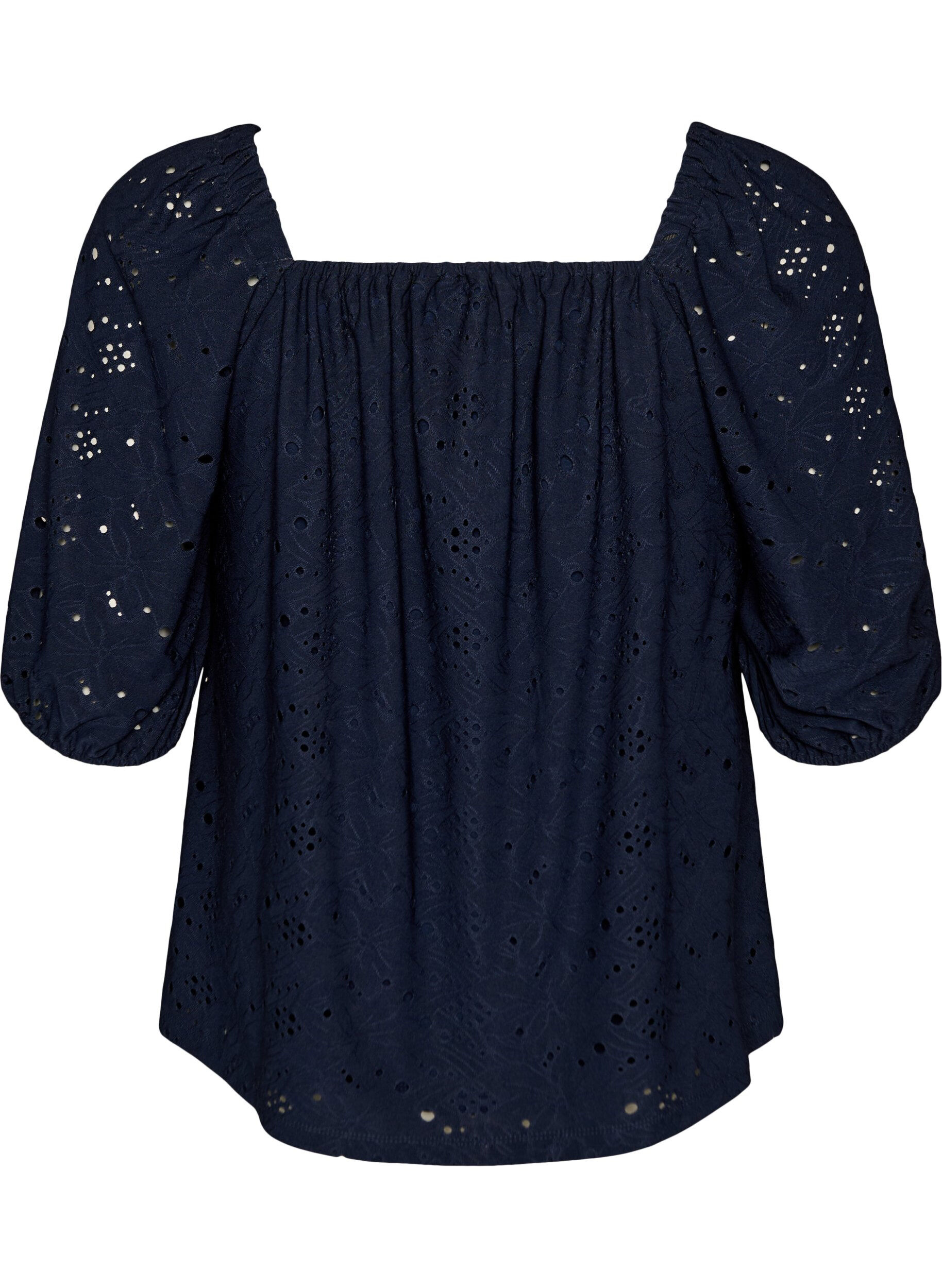 Zizzi Bluse mit kurzen Puff&auml;rmeln und Lochmuster, Blau, Packshot image number 1