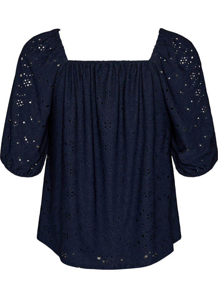 Bluse mit kurzen Puff&auml;rmeln und Lochmuster, Blau, Packshot image number 1