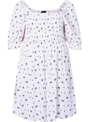 Kurzes Kleid mit Smok und Blumenprint, Bright White Flower, Packshot image number 0