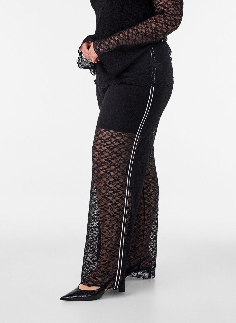 Transparente Spitzenhose mit weitem Bein, Schwarz, Model image number 2