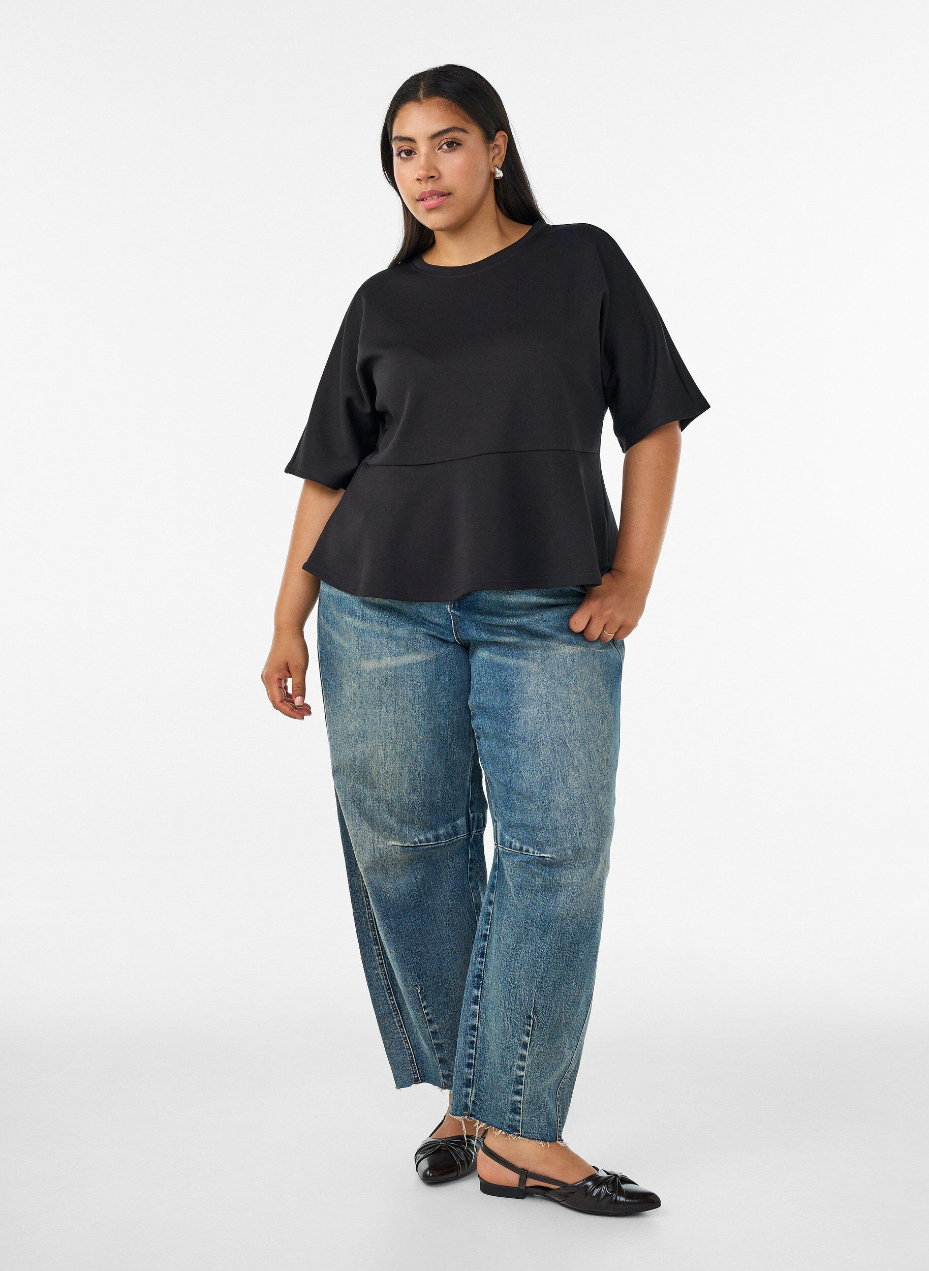 ZizziPeplum-Bluse mit ellenbogenlangen &Auml;rmeln, Schwarz, Model image number 1
