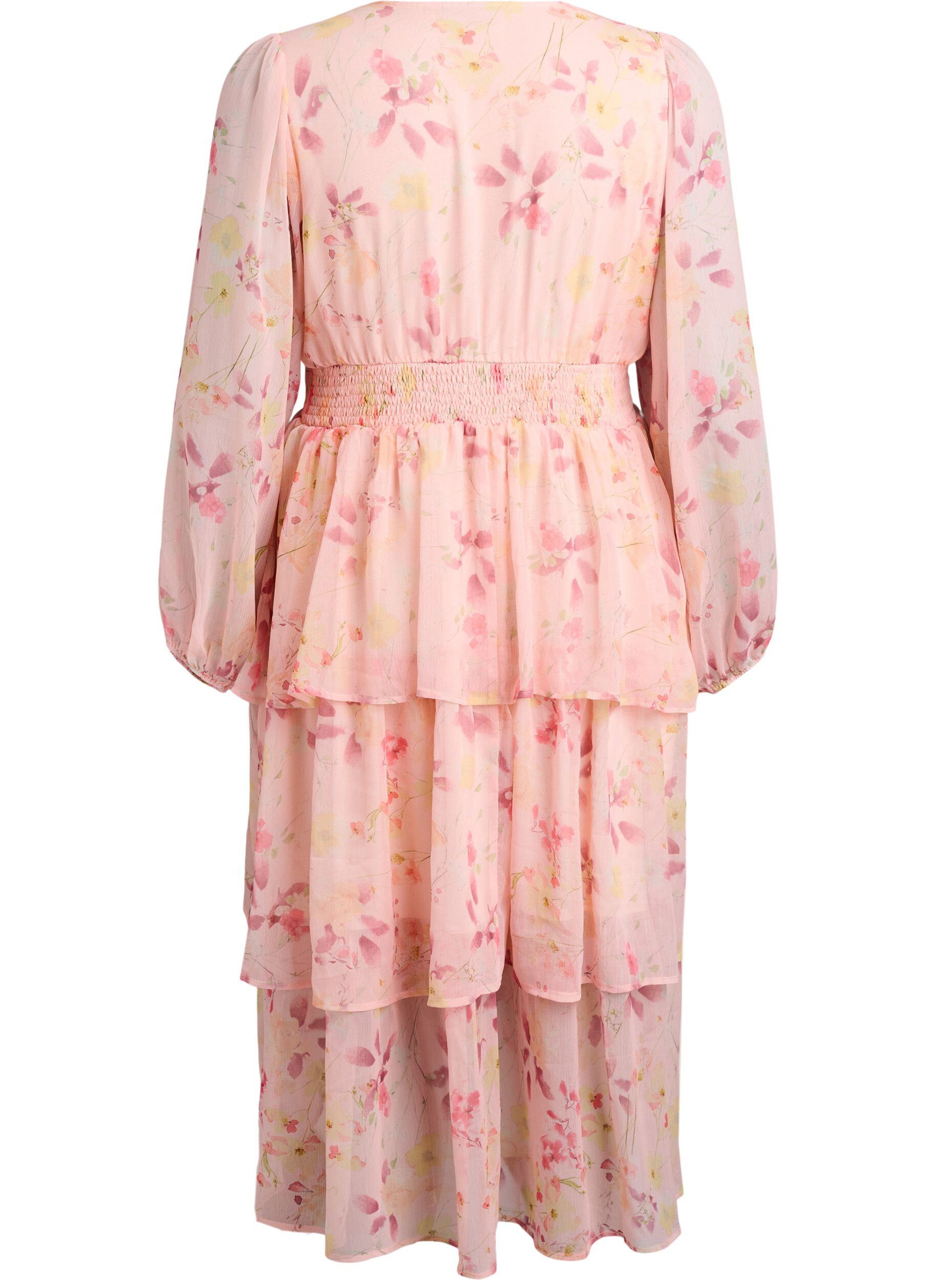 Zizzi Gebl&uuml;mtes Midi-Kleid aus Chiffon mit gesmokter Taille, Orange, Packshot image number 1