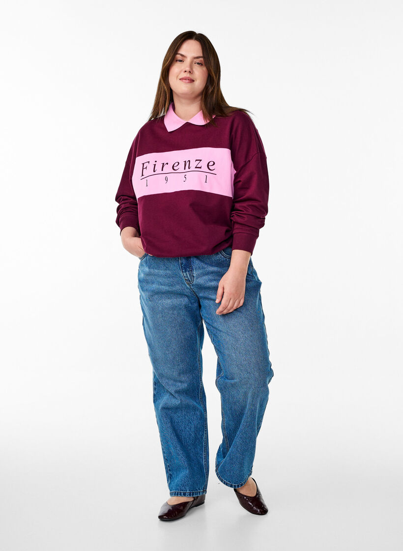 Sweatshirt aus Bio-Baumwolle mit Kragen und Kontrastprint, Dunkles Bordeaux, Model image number 1