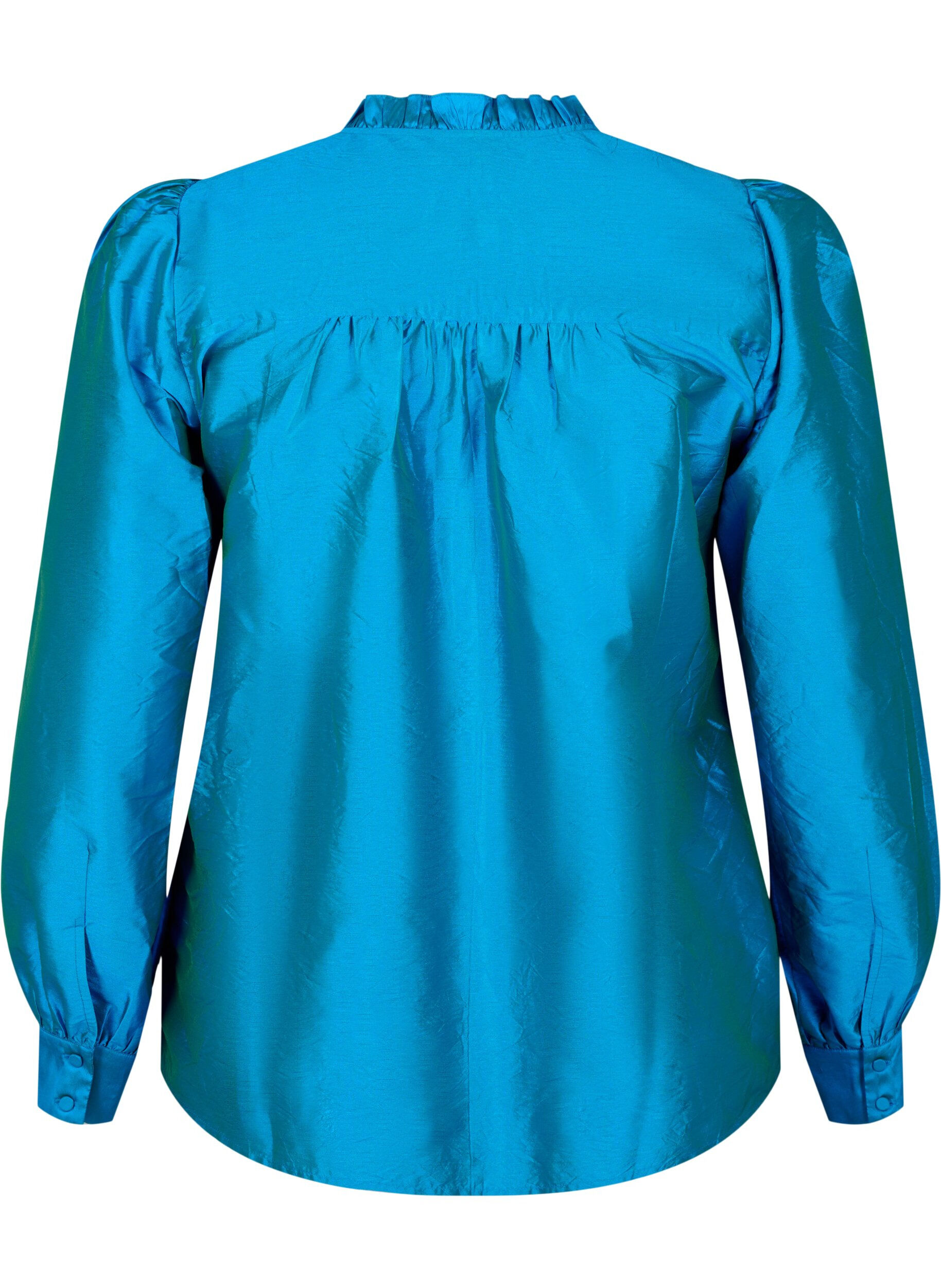 Zizzi Gl&auml;nzende Hemdbluse mit R&uuml;schen, Diva Blue, Packshot image number 1