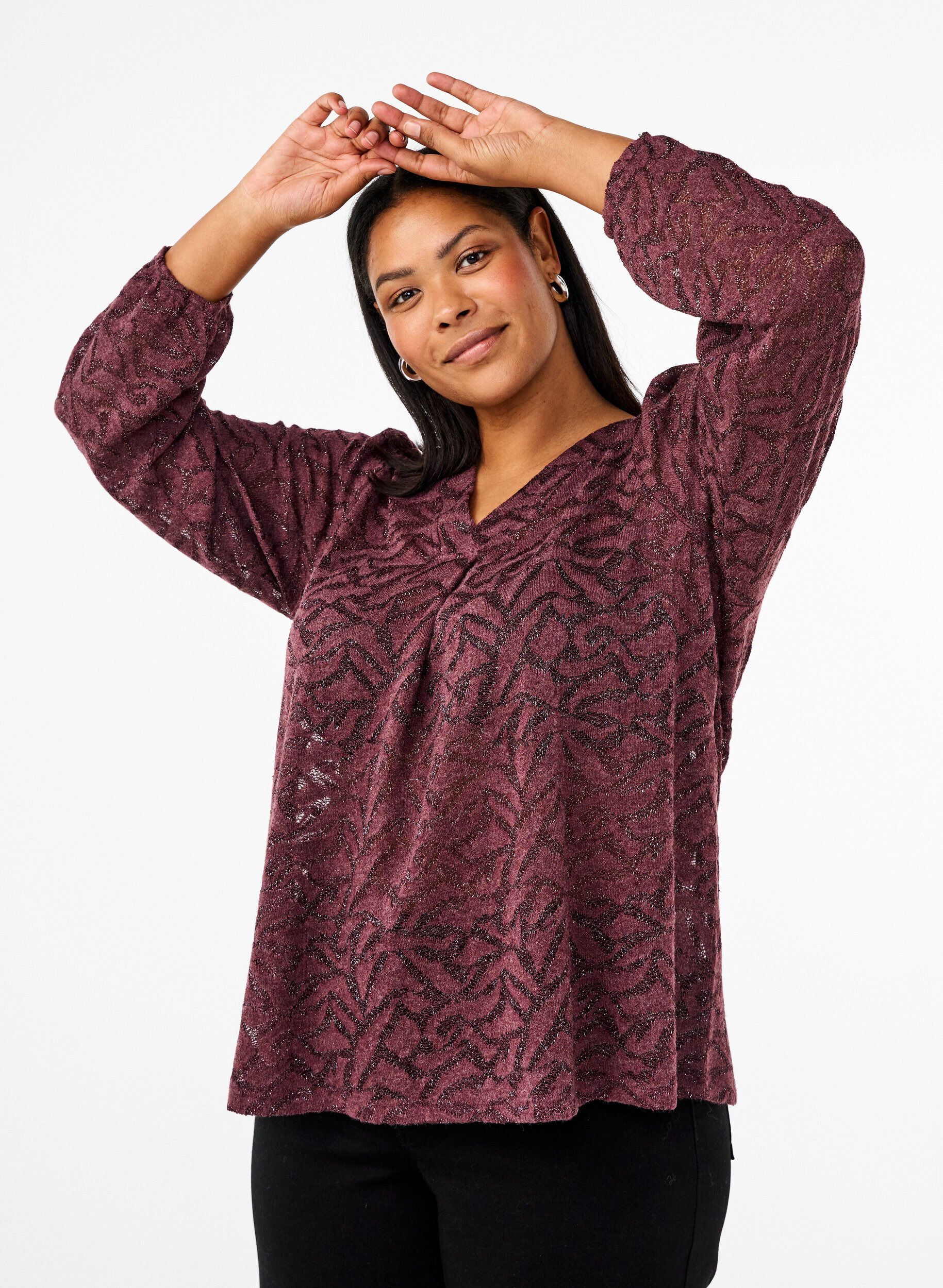 Zizzi Lang&auml;rmlige Bluse mit Glitzer und Muster, Rot, Model image number 0