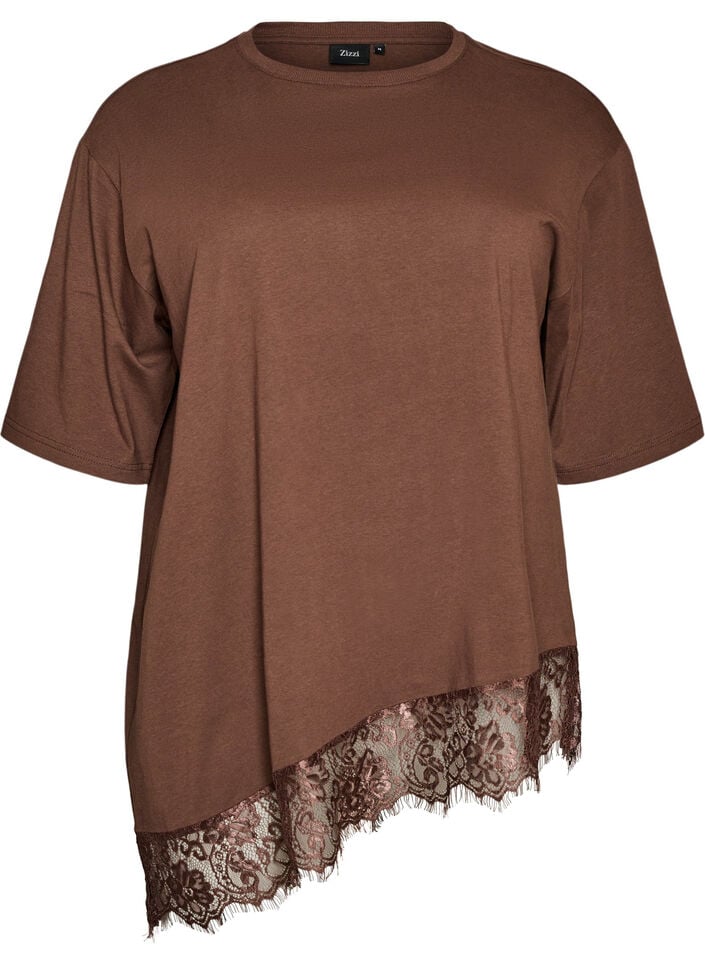 T-Shirt mit asymmetrischem Spitzensaum, Braun, Packshot image number 0