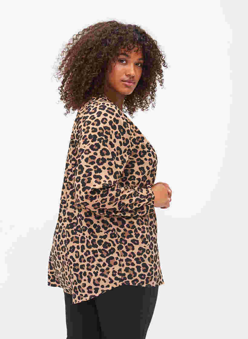 Langarm Bluse mit Leoparden-Print und V-Ausschnitt, Leopard, Model image number 1