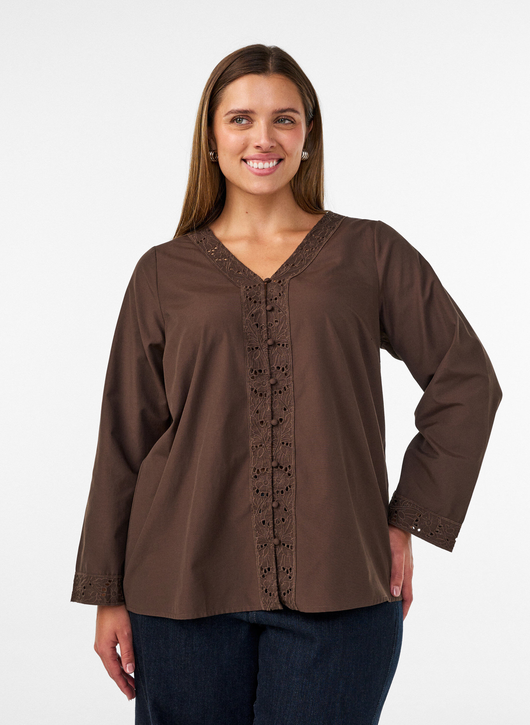 ZizziHemdbluse mit Lochstickerei, Braun, Model image number 0