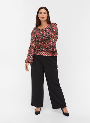 Bedruckte Bluse mit langen Ärmeln und Raffung, Black Oriental, Model image number 2