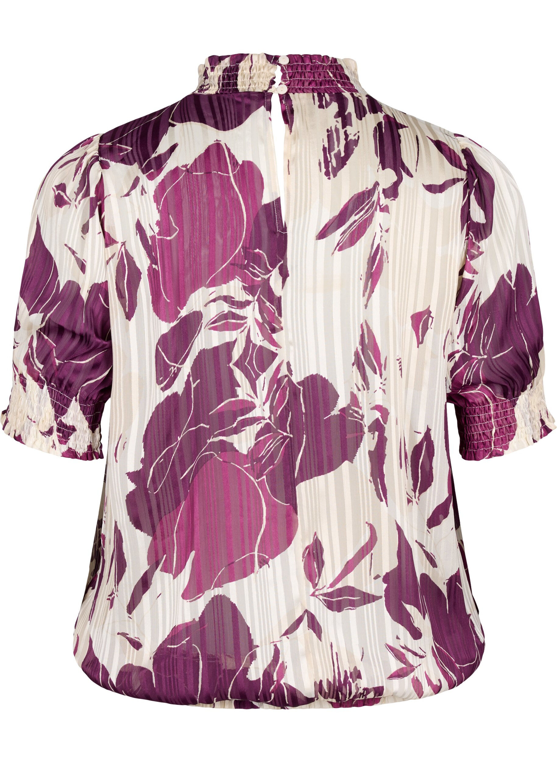 Zizzi Kurz&auml;rmelige gesmokte Bluse mit Print, D.Purple Graphic AOP, Packshot image number 1