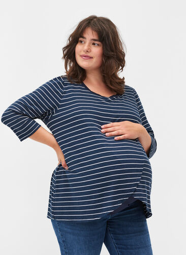 Gestreifte Schwangerschaftsbluse mit 3/4-Ärmeln, Blue Stripe , Model image number 0