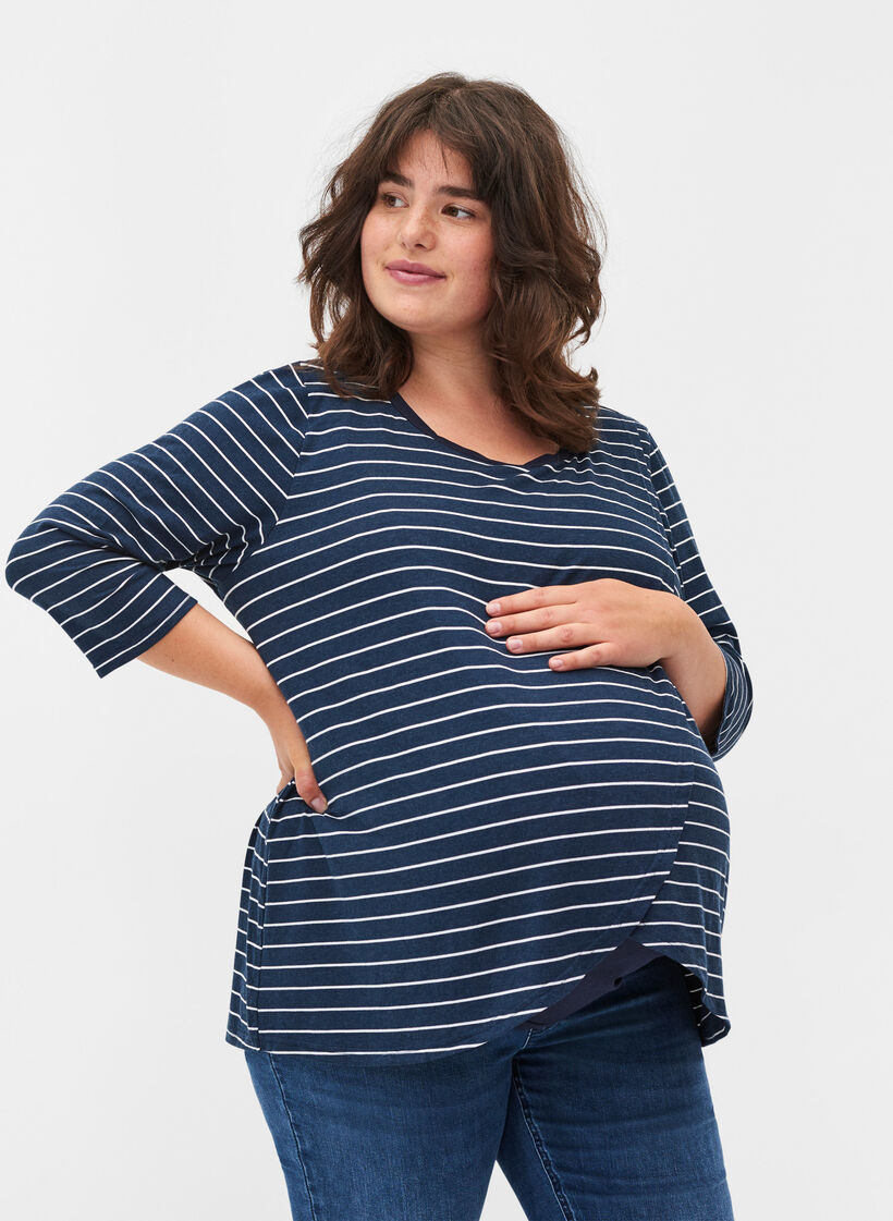 Gestreifte Schwangerschaftsbluse mit 3/4-Ärmeln, Blue Stripe , Model