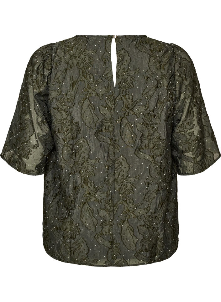 Jacquardbluse mit funkelnden Details und Puff&auml;rmeln, Gr&uuml;n, Packshot image number 1