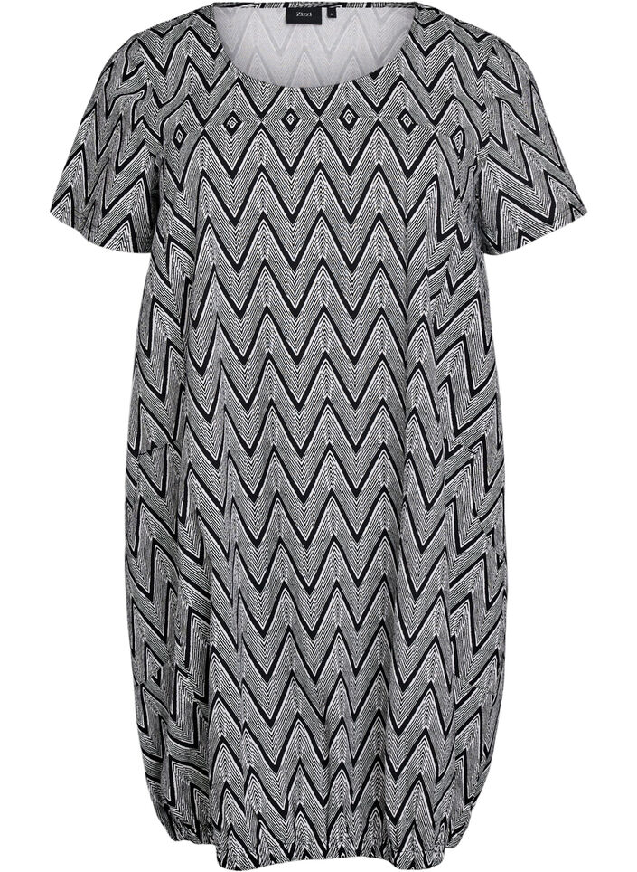 Kurz&auml;rmliges Baumwollkleid mit Aufdruck, Schwarz, Packshot image number 0