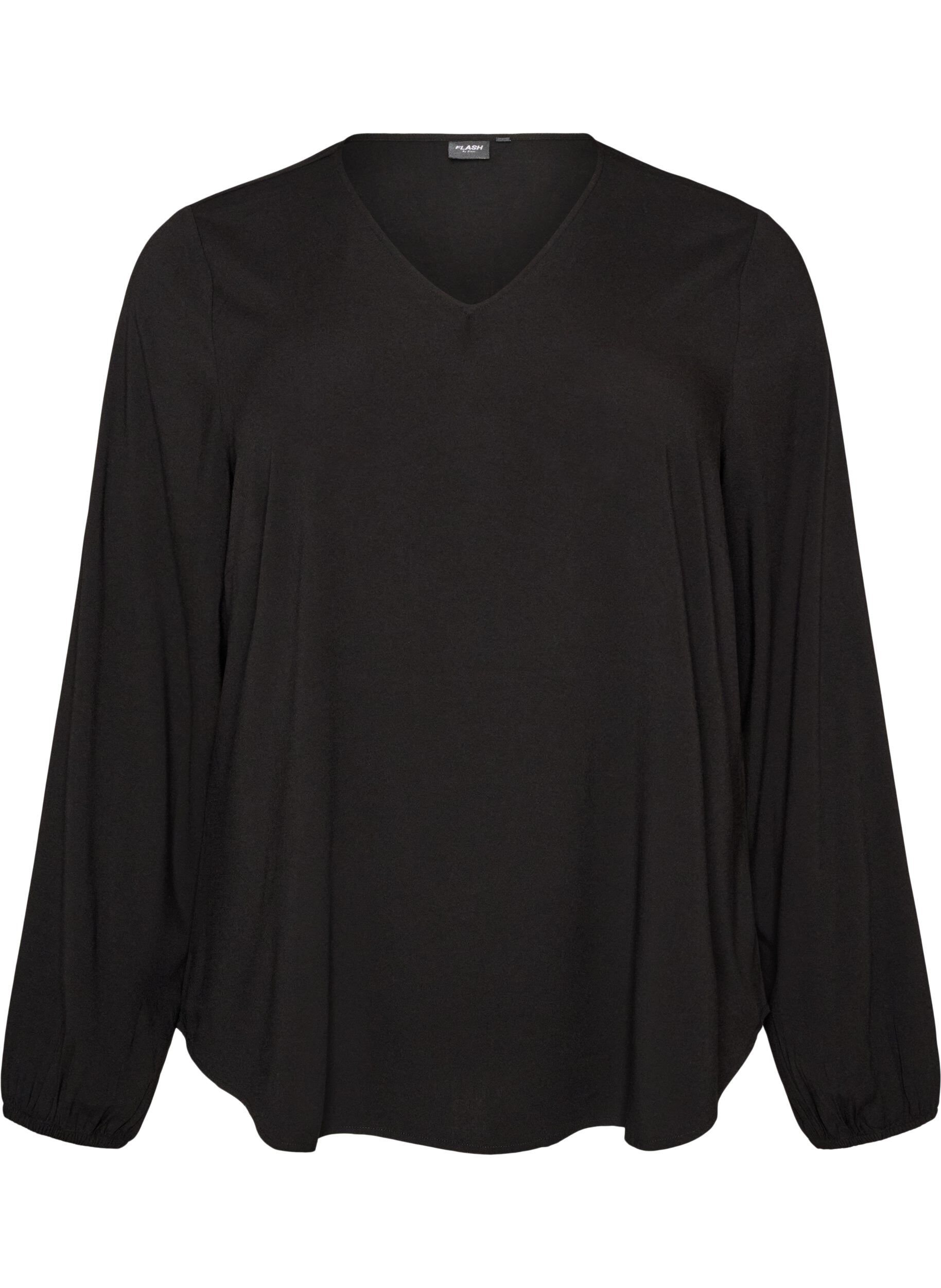 ZizziBluse aus Viskose mit V-Ausschnitt und langen &Auml;rmeln, Schwarz, Packshot image number 0