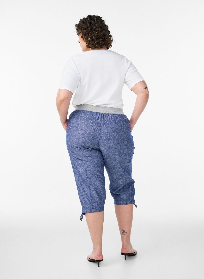 Caprihose aus Baumwolle und Leinen mit elastischem Bund und Bindeband, Blau, Model image number 1