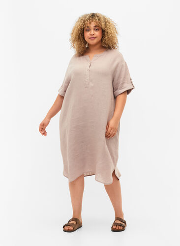 Kurzärmeliges Kleid aus 100% Leinen, Sand, Model image number 2